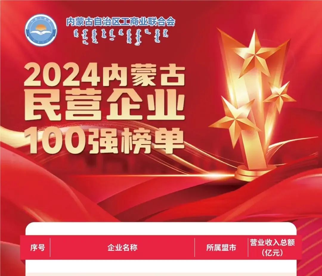 大中礦業(yè)股份有限公司榮獲2024內(nèi)蒙古民營企業(yè)100強(qiáng)，位列七十五名